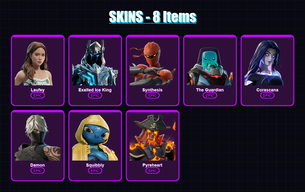 [PC/PSN] | Laufey | Exalted Ice King | Synthesis | The Guardian | Corascana | 8 skin | 10 pickaxe | 4 emote | 7 glider | Lv26