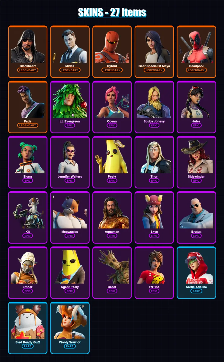 [PS4/PS5/XBOX/PC] | Blackheart | Midas | Hybrid | Gear Specialist Maya | Deadpool | 27 skin | 38 pickaxe | 40 emote | 41 glider | Lv598