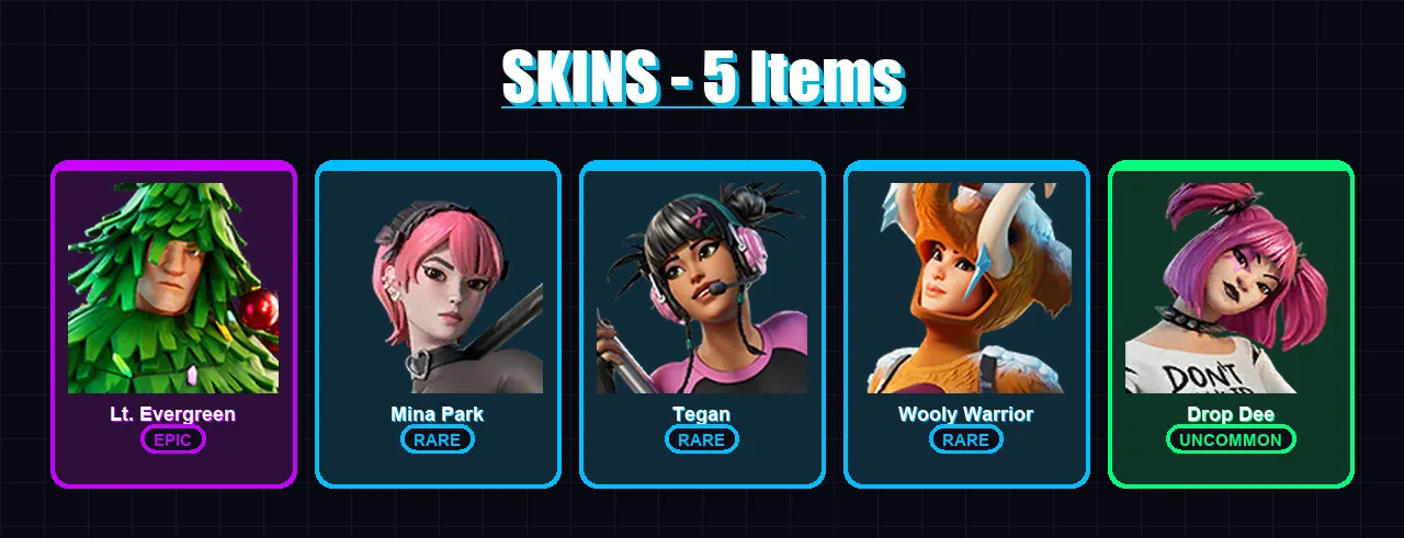 [PC/XBOX/PSN] | Lt. Evergreen | Mina Park | Tegan | Wooly Warrior | Drop Dee | 5 skin | 10 pickaxe | 8 emote | 13 glider | Lv133