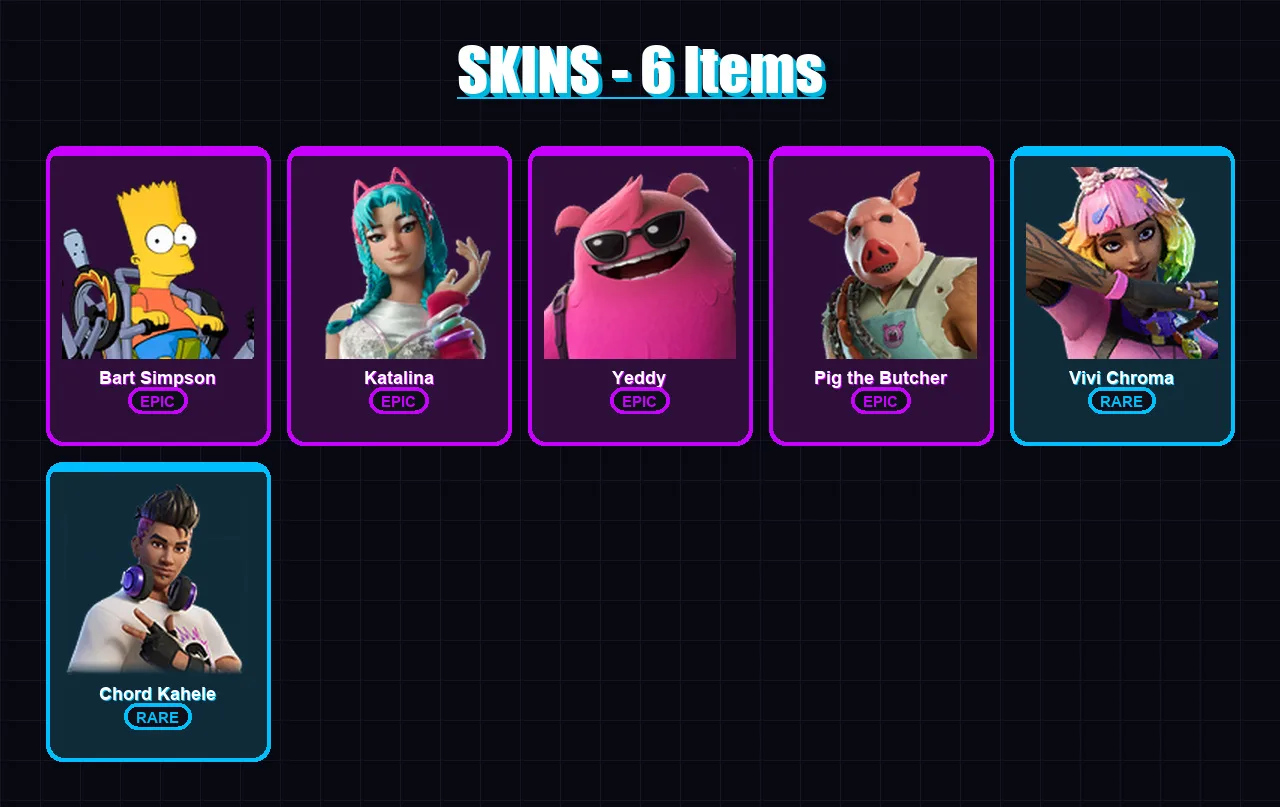 [PC/XBOX] | Bart Simpson | Katalina | Yeddy | Pig the Butcher | Vivi Chroma | 6 skin | 19 pickaxe | 10 emote | 17 glider | Lv141
