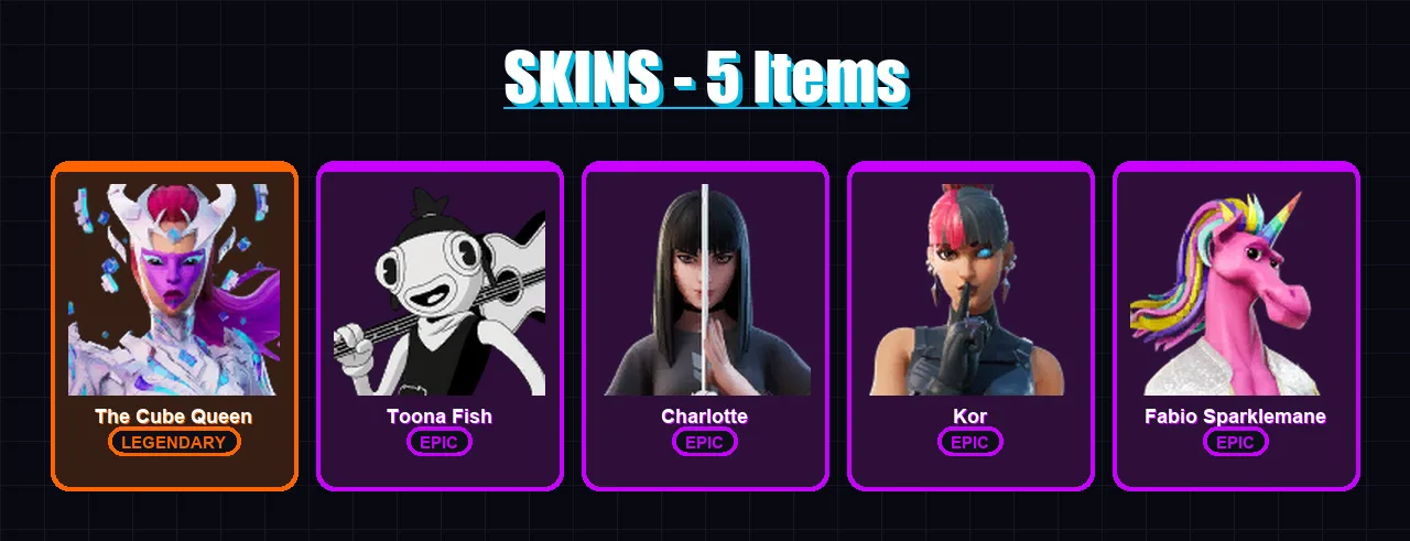 [PC/XBOX/PSN] | The Cube Queen | Toona Fish | Charlotte | Kor | Fabio Sparklemane | 5 skin | 10 pickaxe | 12 emote | 12 glider | Lv218