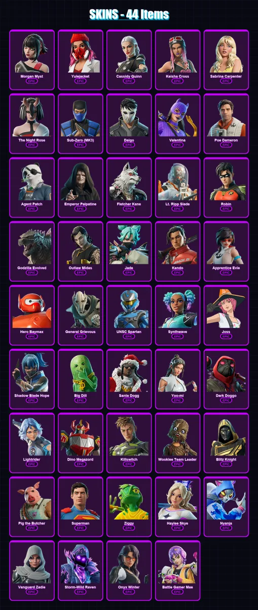 [PC/XBOX/PSN] | Morgan Myst | Yulejacket | Cassidy Quinn | Keisha Cross | Sabrina Carpenter | 44 skin | 78 pickaxe | 51 emote | 48 glider | Lv538