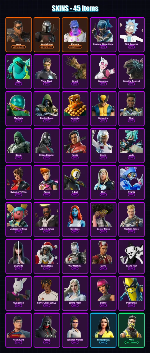 [PC/PSN] | Joey | Mandalorian | Kymera | Shadow Blade Hope | Rick Sanchez | 45 skin | 57 pickaxe | 41 emote | 46 glider | Lv685