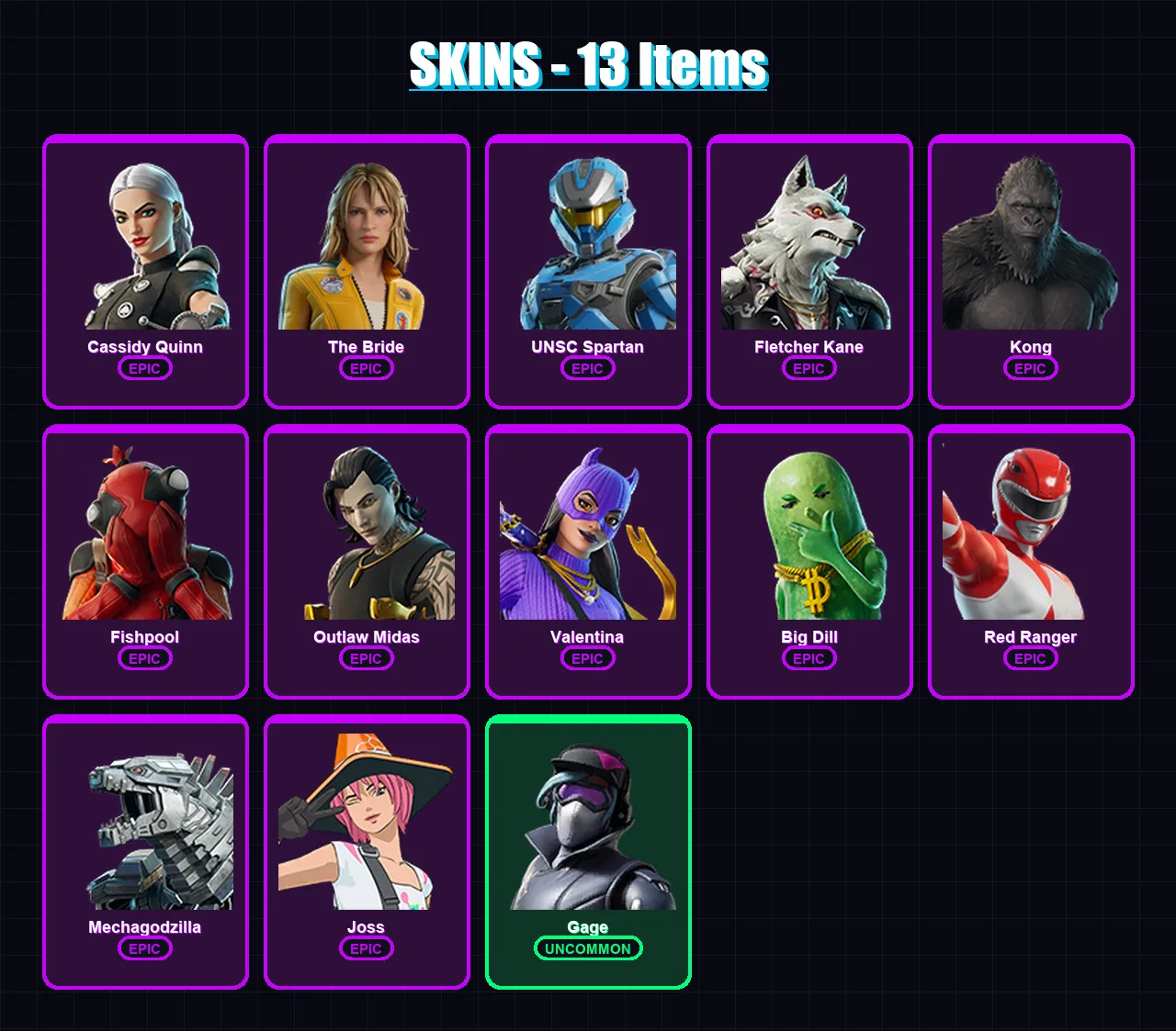 [PC/XBOX/PSN] | Cassidy Quinn | The Bride | UNSC Spartan | Fletcher Kane | Kong | 13 skin | 31 pickaxe | 18 emote | 20 glider | Lv197 — Fortnite account