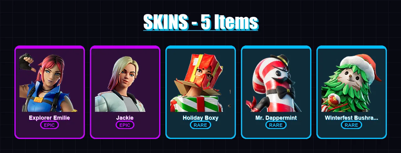[PC/XBOX/PSN] | Explorer Emilie | Jackie | Holiday Boxy | Mr. Dappermint | Winterfest Bushranger | 5 skin | 7 pickaxe | 4 emote | 9 glider | Lv87