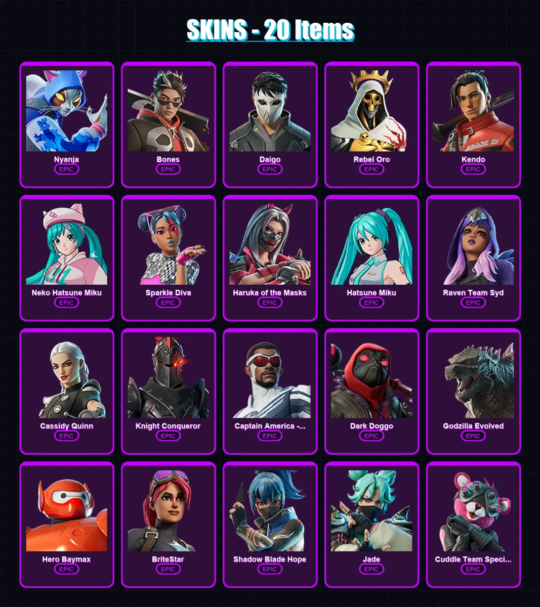 [PC/XBOX/PSN] | Nyanja | Bones | Daigo | Rebel Oro | Kendo | 20 skin | 24 pickaxe | 22 emote | 17 glider | Lv105
