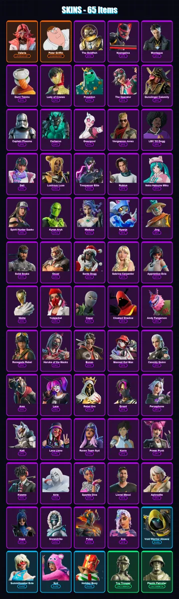 [PC/XBOX/PSN] | Valeria | Peter Griffin | The Goldfish | Nyangelica | Montague | 65 skin | 57 pickaxe | 30 emote | 22 glider | Lv237
