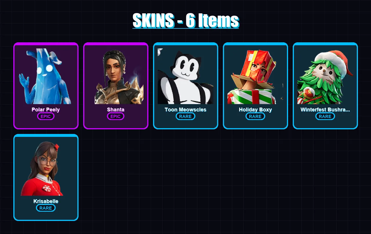 [SWITCH/XBOX/PSN/PC] | Polar Peely | Shanta | Toon Meowscles | Holiday Boxy | Winterfest Bushranger | 6 skin | 10 pickaxe | 8 emote | 9 glider | Lv9