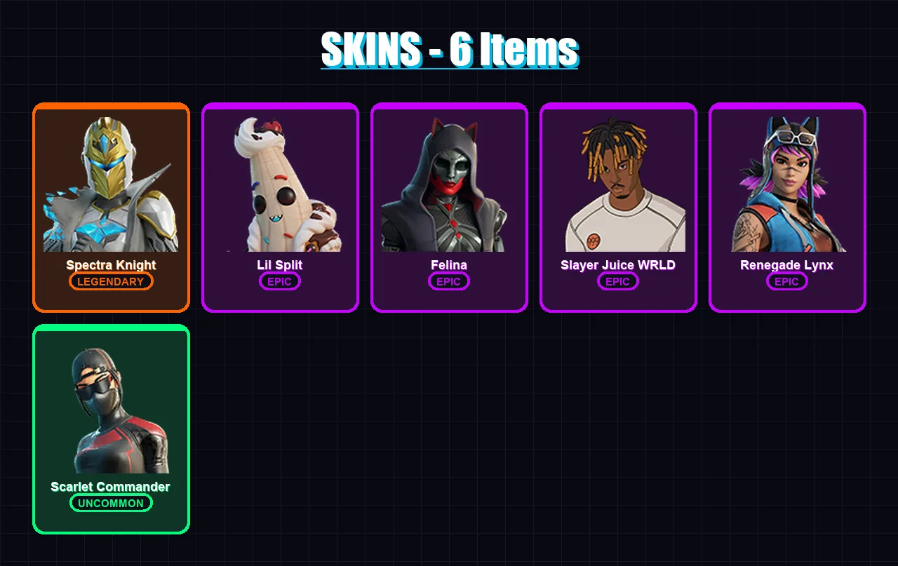 [PS4/PS5/XBOX/PC] | Spectra Knight | Lil Split | Felina | Slayer Juice WRLD | Renegade Lynx | 6 skin | 46 pickaxe | 19 emote | 29 glider | Lv610