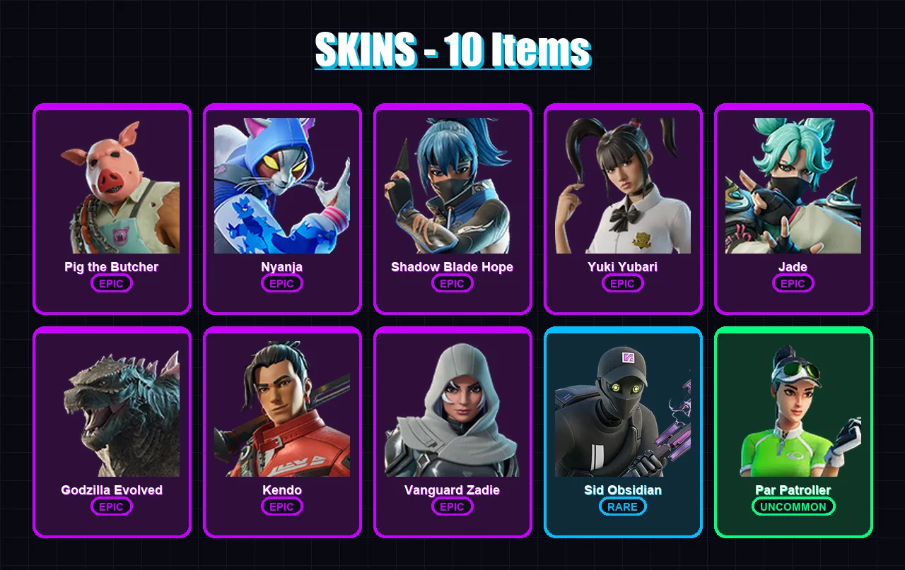 [PC/XBOX/PSN] | Pig the Butcher | Nyanja | Shadow Blade Hope | Yuki Yubari | Jade | 10 skin | 48 pickaxe | 22 emote | 27 glider | Lv311