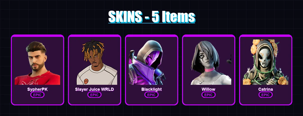 [PC/XBOX/PSN] | SypherPK | Slayer Juice WRLD | Blacklight | Willow | Catrina | 5 skin | 8 pickaxe | 4 emote | 5 glider | Lv81