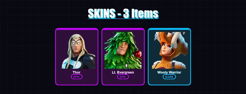 [PC/XBOX/PSN] | Thor | Lt. Evergreen | Wooly Warrior | 3 skin | 5 pickaxe | 5 emote | 7 glider | Lv41 — main preview