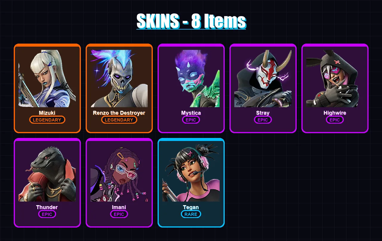 [PC/XBOX/PSN] | Mizuki | Renzo the Destroyer | Mystica | Stray | Highwire | 8 skin | 11 pickaxe | 9 emote | 12 glider | Lv151