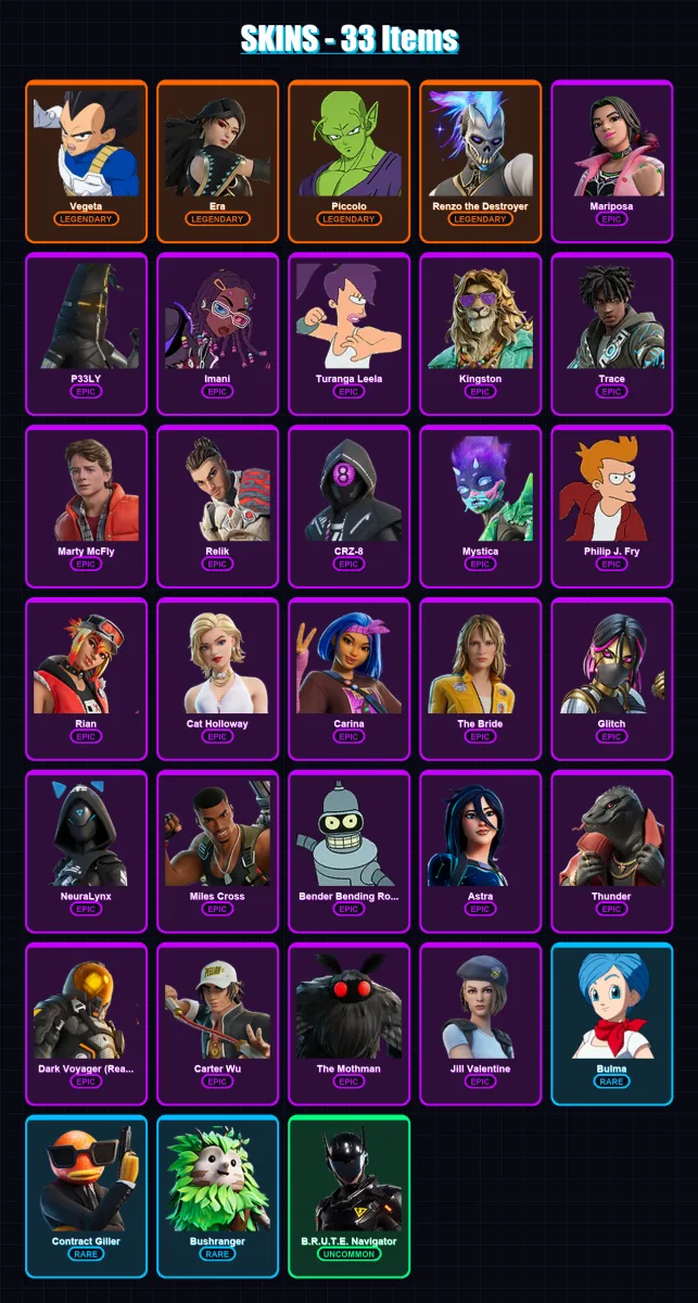 [PC/PSN] | Vegeta | Era | Piccolo | Renzo the Destroyer | Mariposa | 33 skin | 45 pickaxe | 32 emote | 40 glider | Lv335