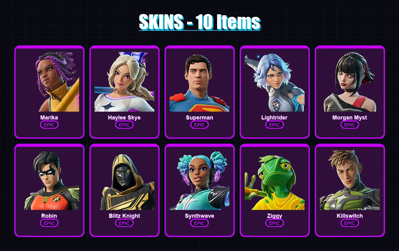 [PC/XBOX/PSN] | Marika | Haylee Skye | Superman | Lightrider | Morgan Myst | 10 skin | 26 pickaxe | 10 emote | 15 glider | Lv175