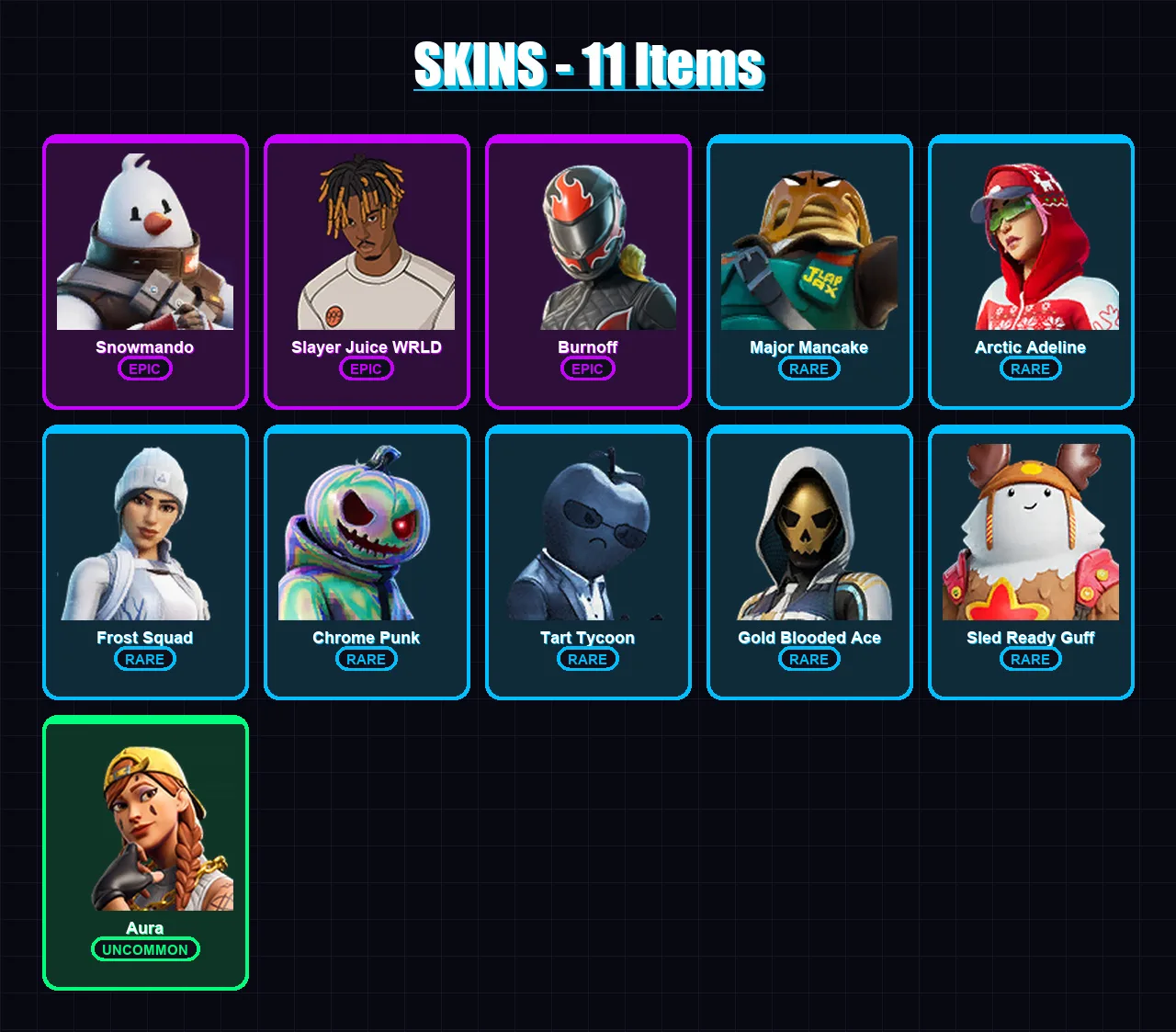 [PC/PSN] | Snowmando | Slayer Juice WRLD | Burnoff | Major Mancake | Arctic Adeline | 11 skin | 26 pickaxe | 26 emote | 29 glider | Lv849
