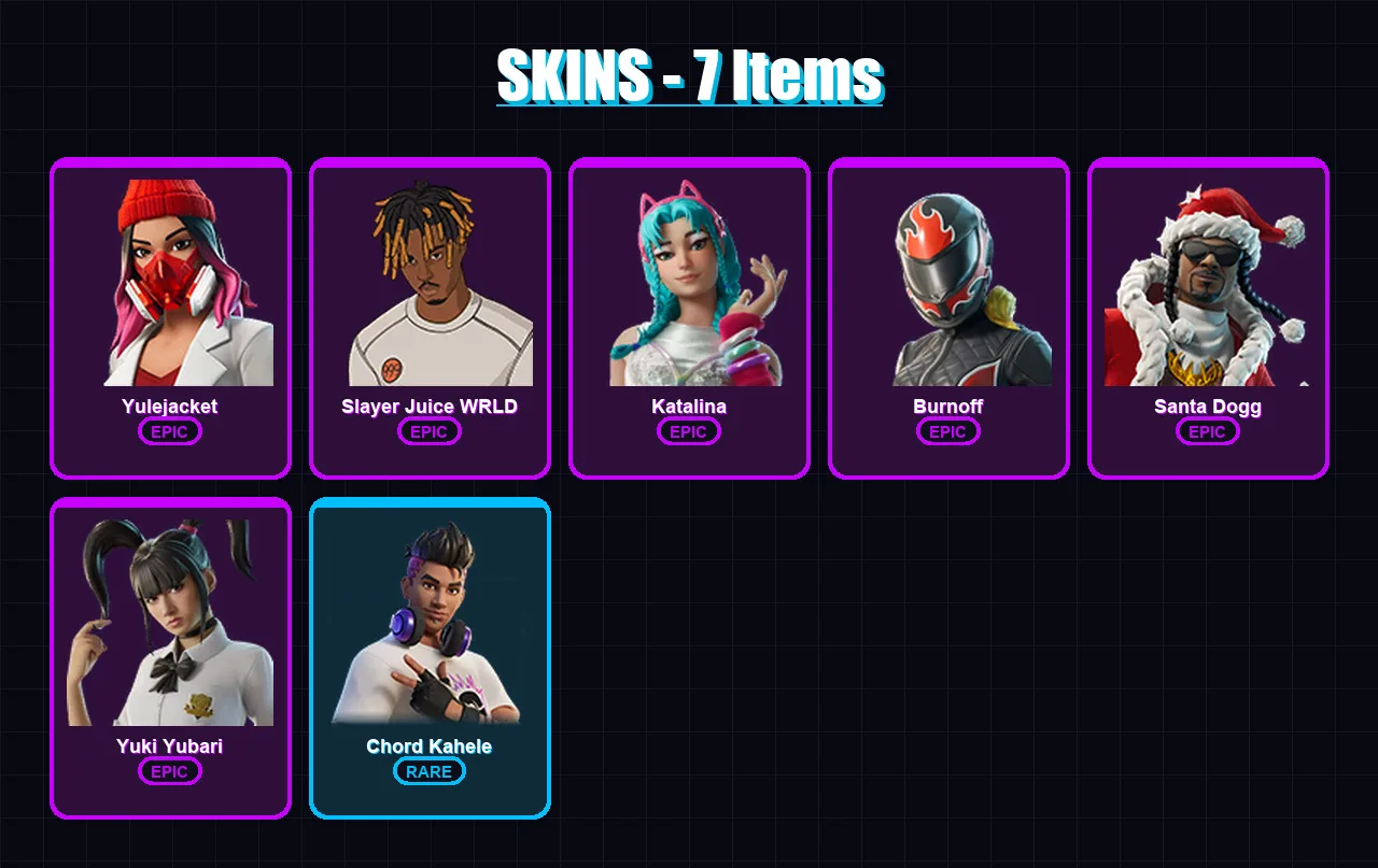 [PC/XBOX/PSN] | Yulejacket | Slayer Juice WRLD | Katalina | Burnoff | Santa Dogg | 7 skin | 22 pickaxe | 7 emote | 14 glider | Lv129