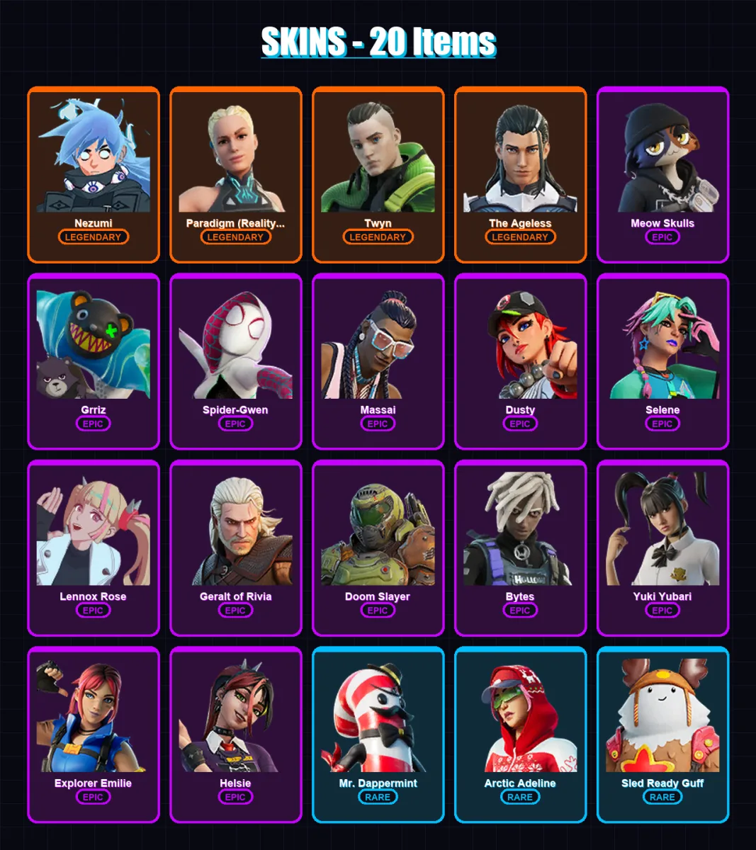 [PS4/PS5/XBOX/PC] | Nezumi | Paradigm (Reality-659) | Twyn | The Ageless | Meow Skulls | 20 skin | 61 pickaxe | 26 emote | 49 glider | Lv685