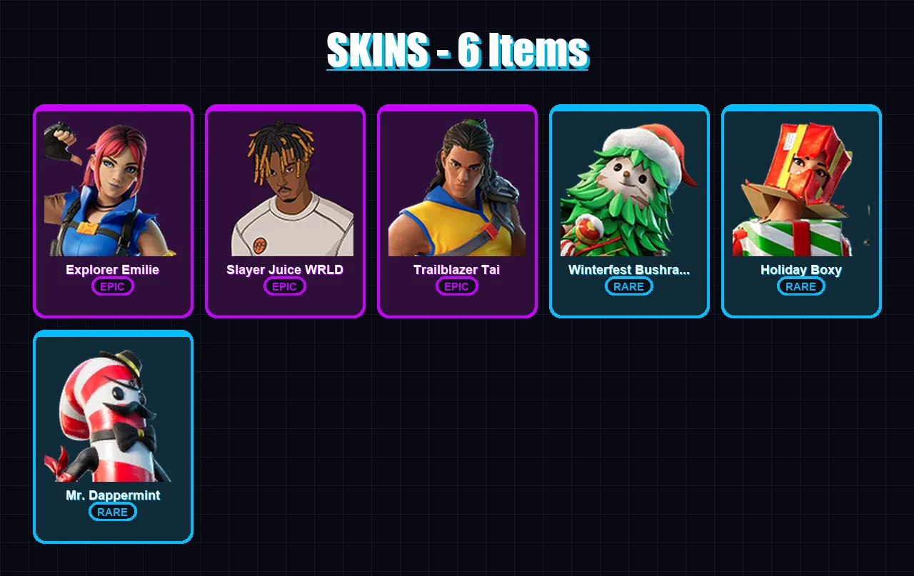 [PC/XBOX/PSN] | Explorer Emilie | Slayer Juice WRLD | Trailblazer Tai | 6 skin | Lv286