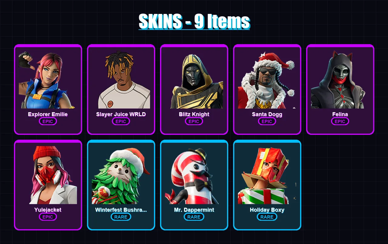 [PC/PSN] | Explorer Emilie | Slayer Juice WRLD | Blitz Knight | Santa Dogg | Felina | 9 skin | 33 pickaxe | 19 emote | 23 glider | Lv377