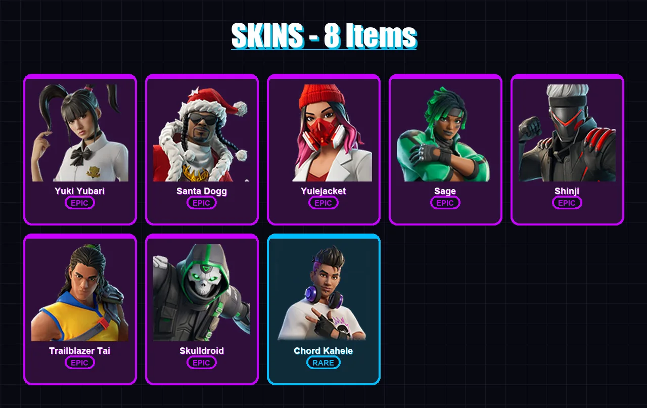 [PS4/PS5/XBOX/PC] | Yuki Yubari | Santa Dogg | Yulejacket | Sage | Shinji | 8 skin | 46 pickaxe | 16 emote | 27 glider | Lv266