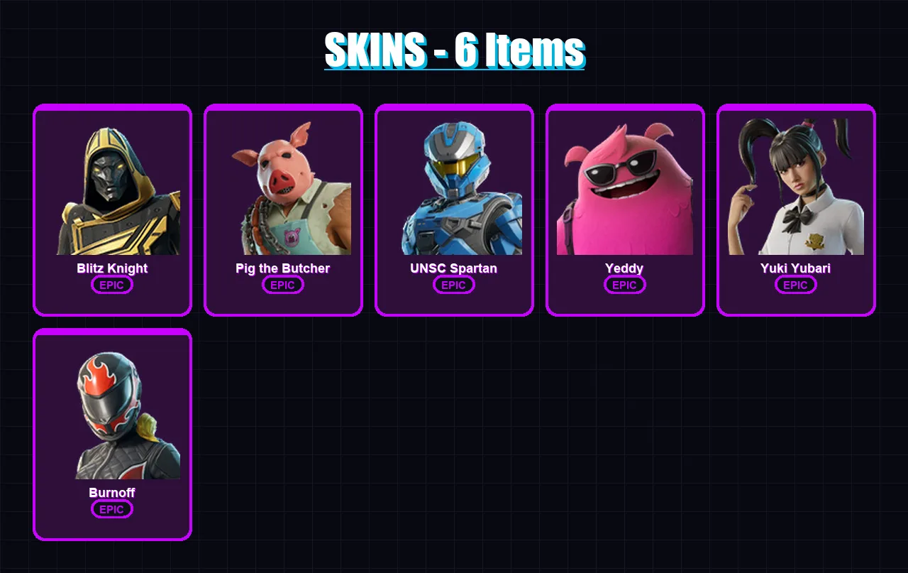 [PC/XBOX] | Blitz Knight | Pig the Butcher | UNSC Spartan | Yeddy | Yuki Yubari | 6 skin | 50 pickaxe | 21 emote | 31 glider | Lv372