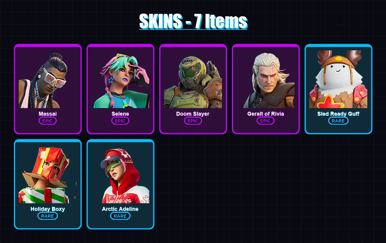 [PC/PSN] | Massai | Selene | Doom Slayer | Geralt of Rivia | Sled Ready Guff | 7 skin | 19 pickaxe | 14 emote | 20 glider | Lv330