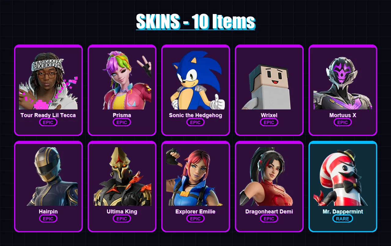 [PC] | Tour Ready Lil Tecca | Prisma | Sonic the Hedgehog | Wrixel | Mortuus X | 10 skin | 3 pickaxe | 2 emote | 1 glider | Lv3