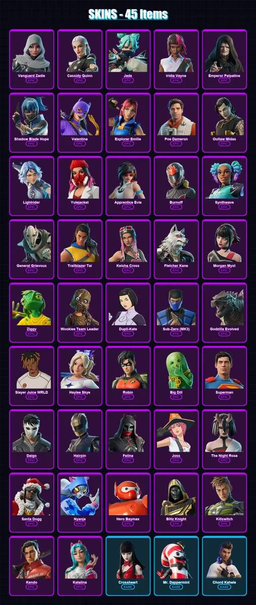 [PC/XBOX/PSN] | Vanguard Zadie | Cassidy Quinn | Jade | Iridia Vayne | Emperor Palpatine | 45 skin | 74 pickaxe | 47 emote | 55 glider | Lv1054