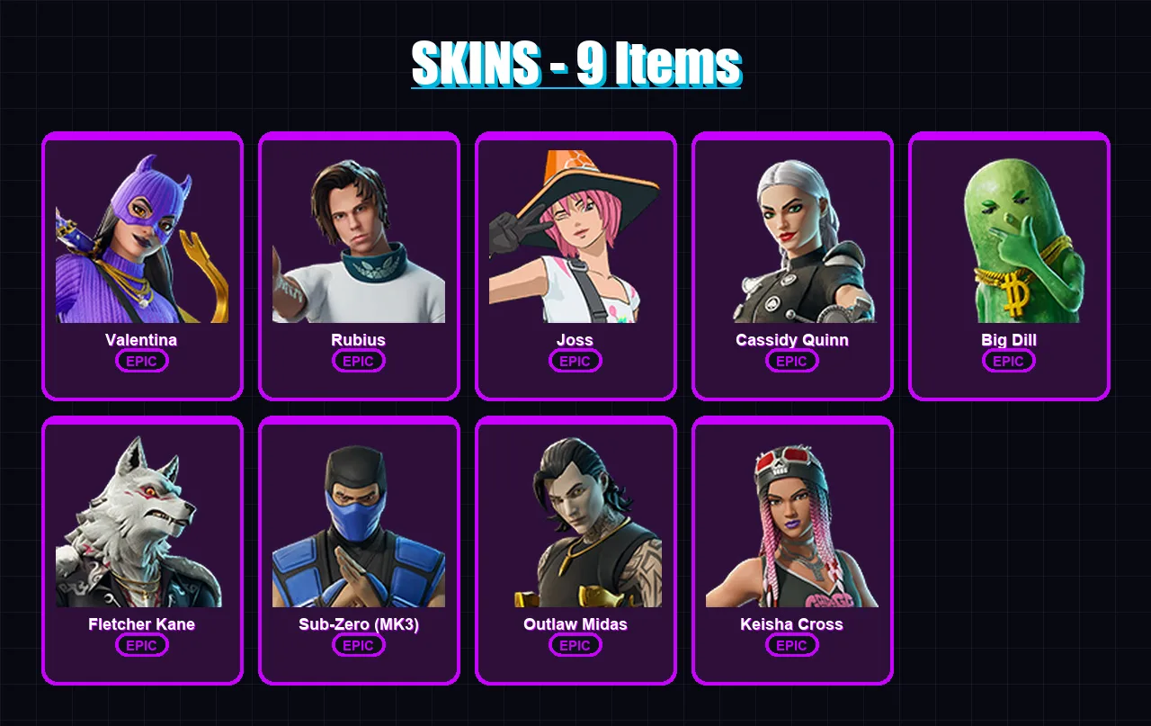 [PC/XBOX/PSN] | Valentina | Rubius | Joss | Cassidy Quinn | Big Dill | 9 skin | 25 pickaxe | 16 emote | 16 glider | Lv210