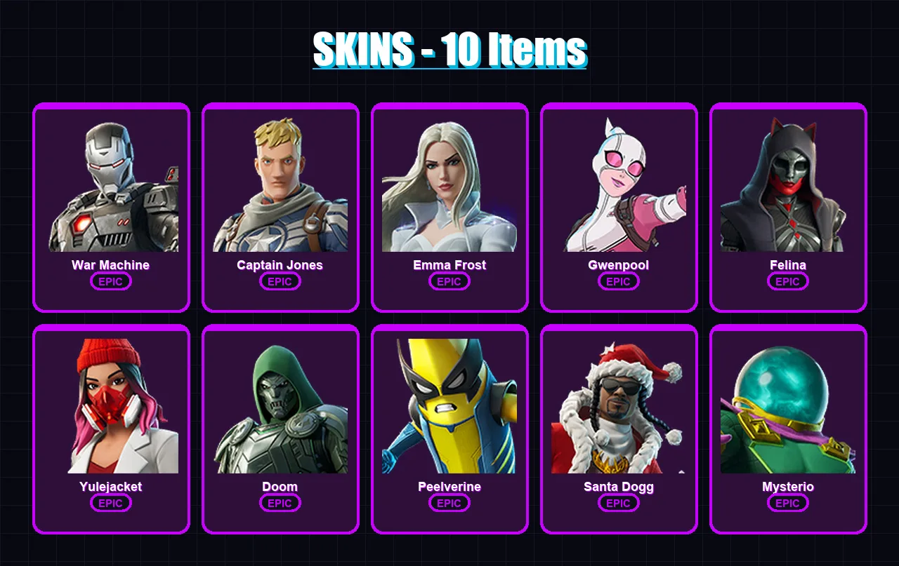 [PC/XBOX/PSN] | War Machine | Captain Jones | Emma Frost | Gwenpool | Felina | 10 skin | 13 pickaxe | 9 emote | 11 glider | Lv97 — Fortnite account