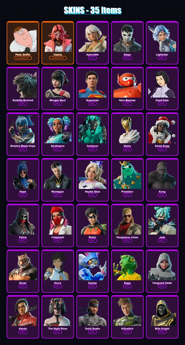 [PS4/PS5/XBOX/PC] | Peter Griffin | Valeria | Aphrodite | Daigo | Lightrider | 35 skin | 91 pickaxe | 62 emote | 64 glider | Lv1024