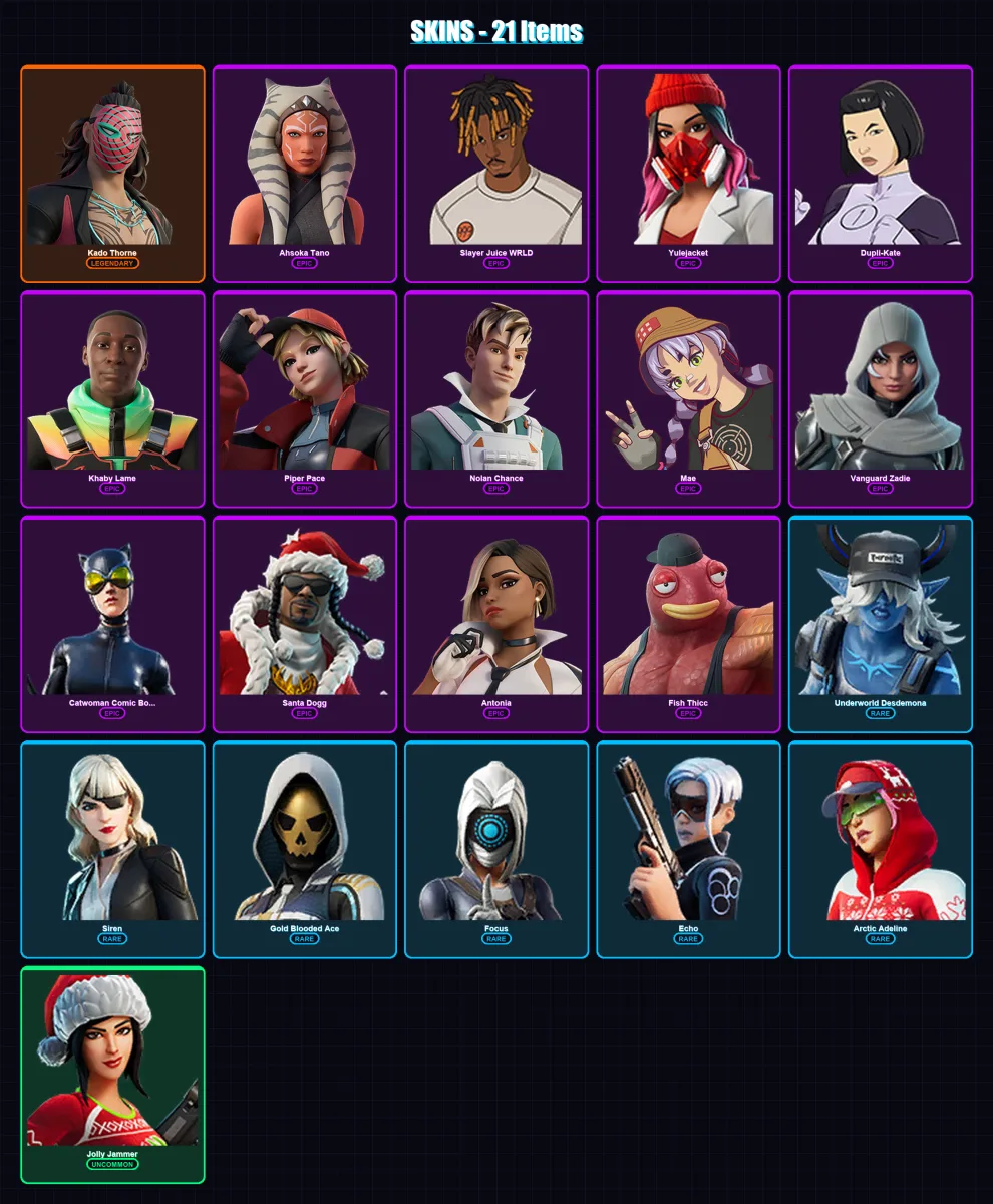 [PC/XBOX/PSN] | Kado Thorne | Ahsoka Tano | Slayer Juice WRLD | Yulejacket | Dupli-Kate | 21 skin | 68 pickaxe | 33 emote | 43 glider | Lv1195