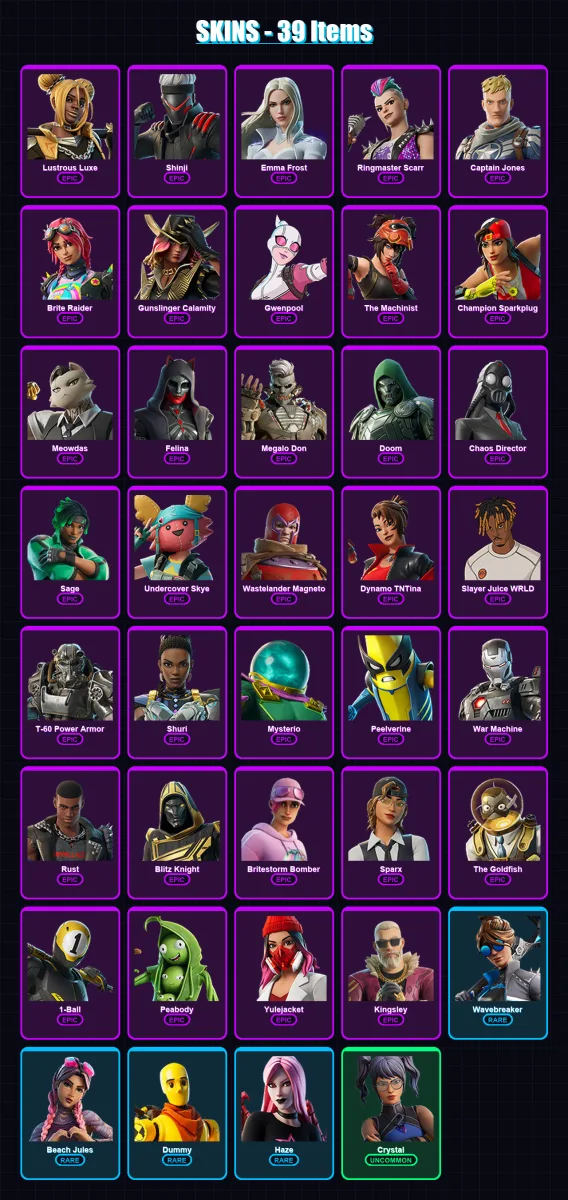 [PS4/PS5/PC] | Lustrous Luxe | Shinji | Emma Frost | Ringmaster Scarr | Captain Jones | 39 skin | 90 pickaxe | 44 emote | 53 glider | Lv1001