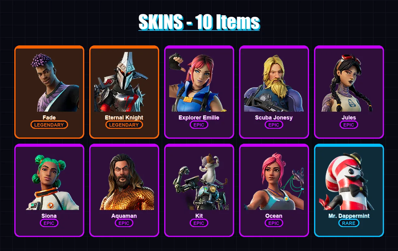 [PC/XBOX/PSN] | Fade | Eternal Knight | Explorer Emilie | Scuba Jonesy | Jules | 10 skin | 13 pickaxe | 18 emote | 16 glider | Lv290