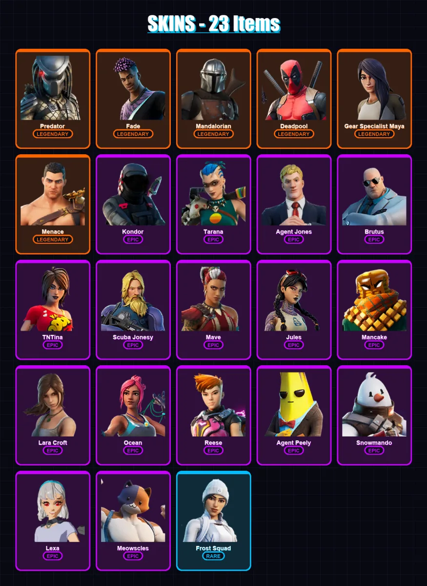 [PC/XBOX] | Predator | Fade | Mandalorian | Deadpool | Gear Specialist Maya | 23 skin | 24 pickaxe | 17 emote | 27 glider | Lv379