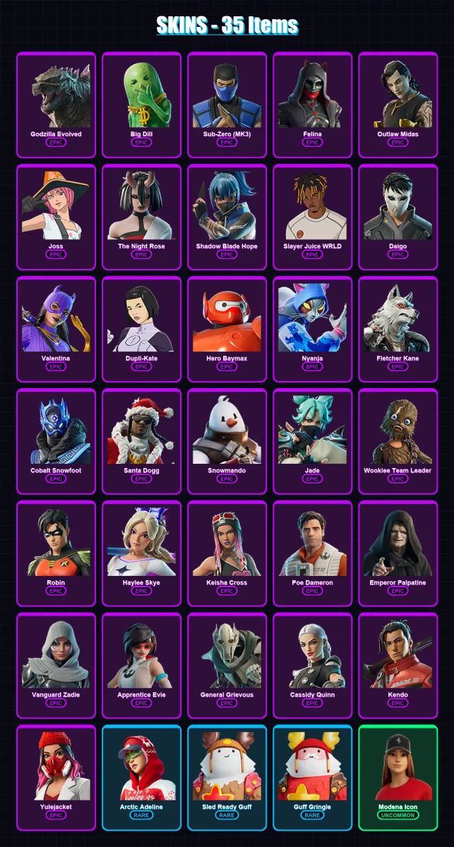 [PC/XBOX] | Godzilla Evolved | Big Dill | Sub-Zero (MK3) | Felina | Outlaw Midas | 35 skin | 70 pickaxe | 43 emote | 51 glider | Lv875 — Fortnite account