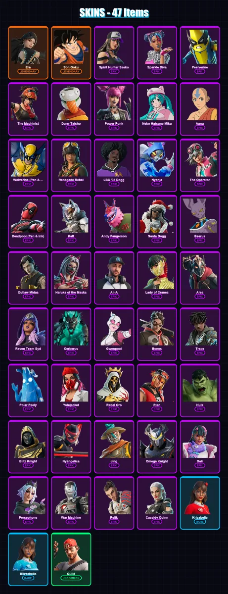 [PC/XBOX] | Era | Son Goku | Spirit Hunter Saeko | Sparkle Diva | Peelverine | 47 skin | 69 pickaxe | 44 emote | 40 glider | Lv393