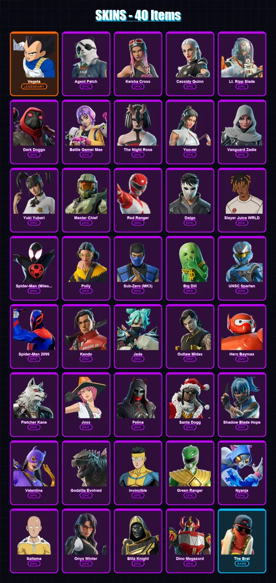 [PC/XBOX/PSN] | Vegeta | Agent Patch | Keisha Cross | Cassidy Quinn | Lt. Ripp Slade | 40 skin | 94 pickaxe | 69 emote | 68 glider | Lv1140