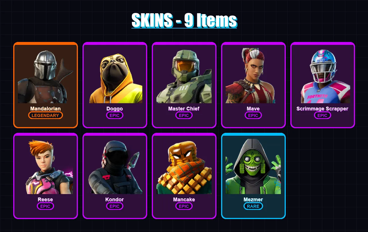 [PC/XBOX/PSN] | Mandalorian | Doggo | Master Chief | Mave | Scrimmage Scrapper | 9 skin | 9 pickaxe | 12 emote | 12 glider | Lv191