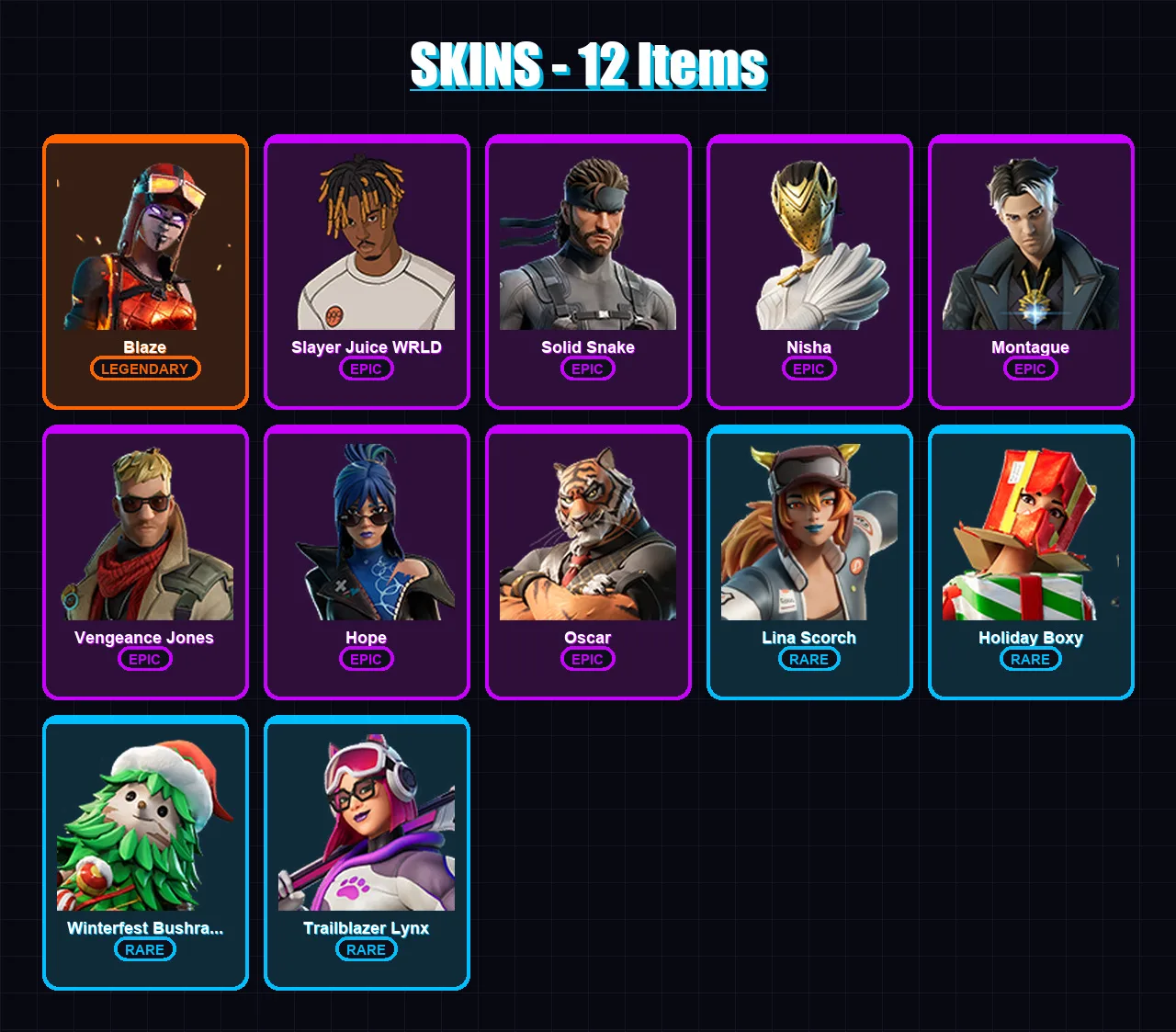 [PS4/PS5/XBOX/PC] | Blaze | Slayer Juice WRLD | Solid Snake | Nisha | Montague | 12 skin | 16 pickaxe | 11 emote | 13 glider | Lv125 — Fortnite account