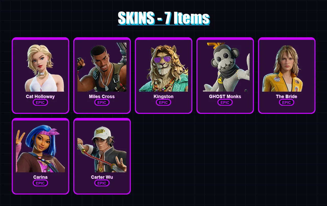 [PS4/PS5/XBOX/PC] | Cat Holloway | Miles Cross | Kingston | GHOST Monks | The Bride | 7 skin | 10 pickaxe | 12 emote | 13 glider | Lv77