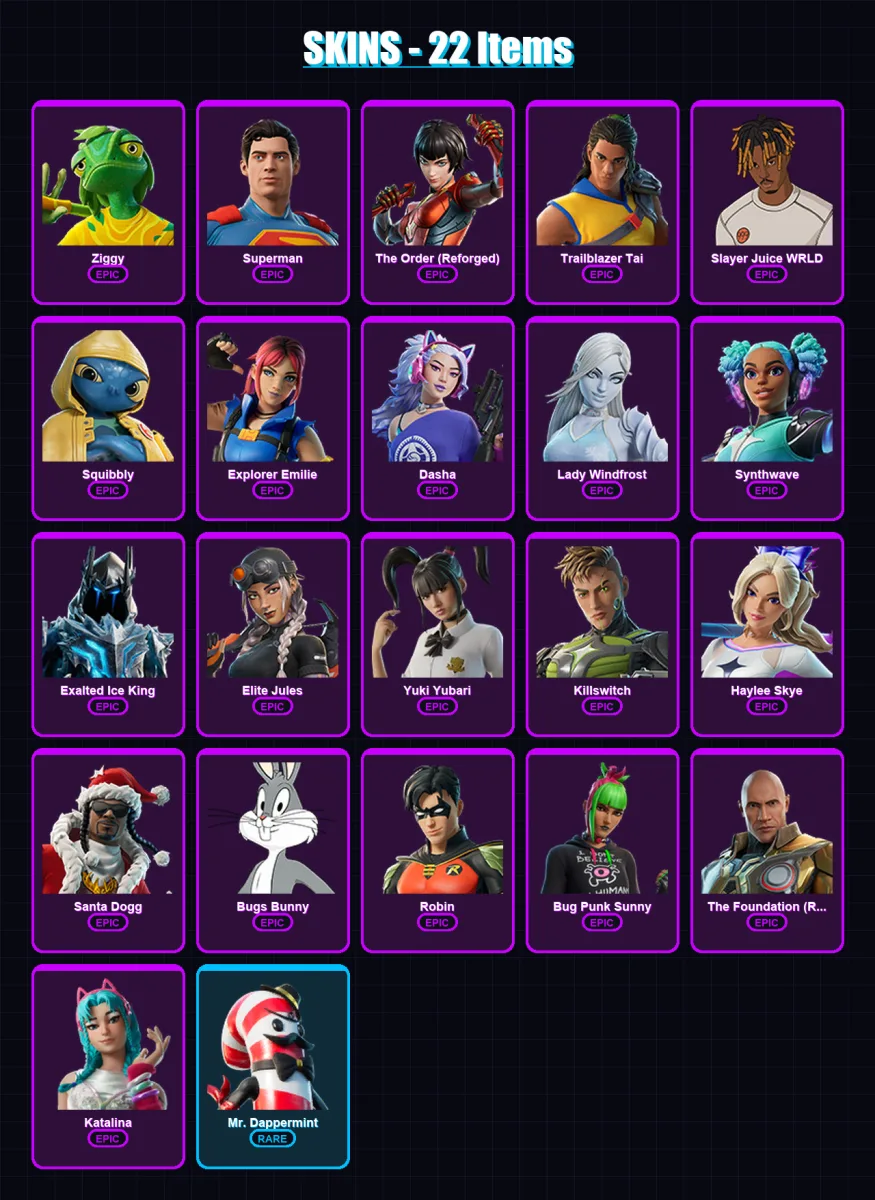 [PC/PSN] | Ziggy | Superman | The Order (Reforged) | Trailblazer Tai | Slayer Juice WRLD | 22 skin | 79 pickaxe | 35 emote | 45 glider | Lv752