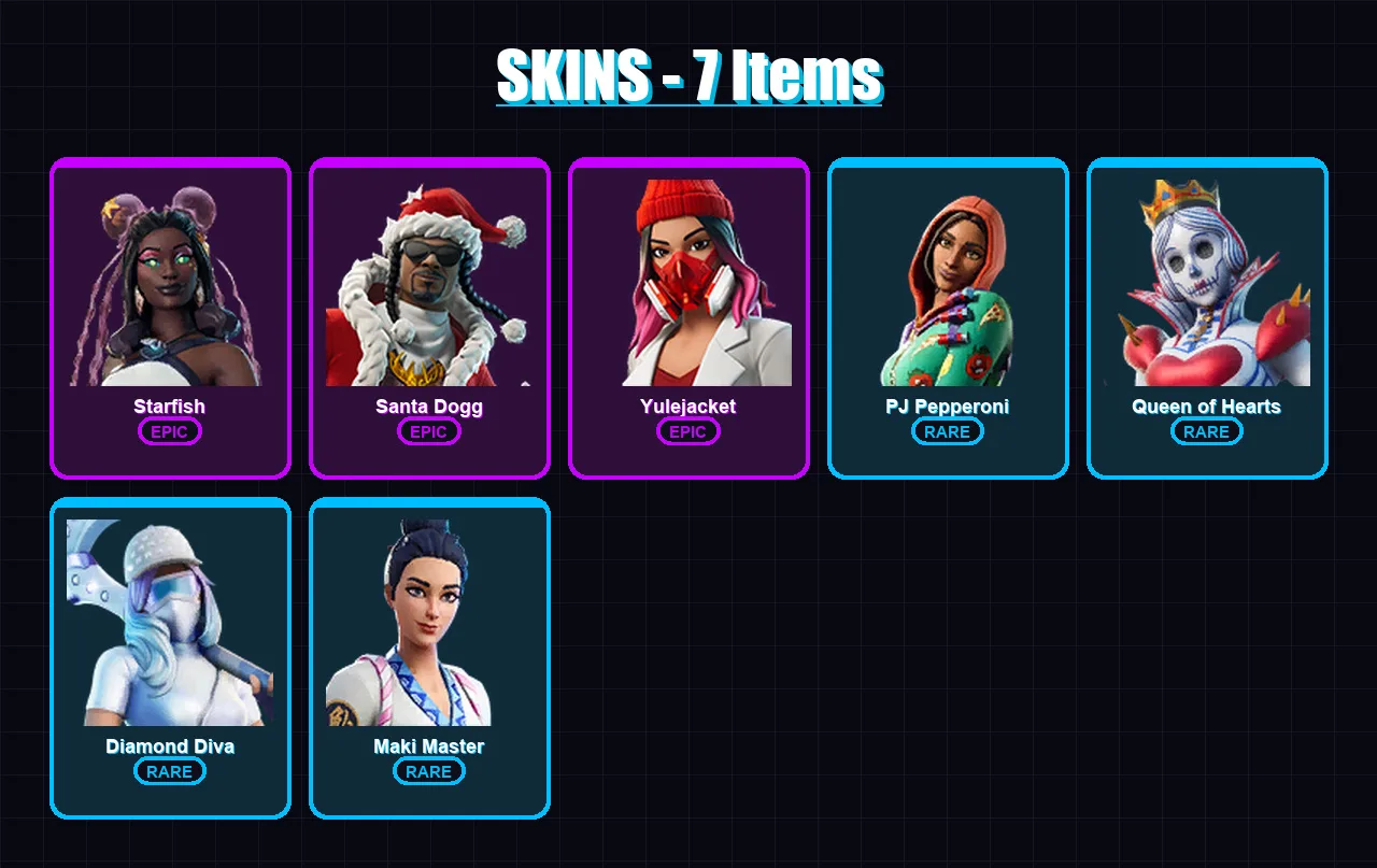 [PS4/PS5/XBOX/PC] | Starfish | Santa Dogg | Yulejacket | PJ Pepperoni | Queen of Hearts | 7 skin | 8 pickaxe | 17 emote | 7 glider | Lv41