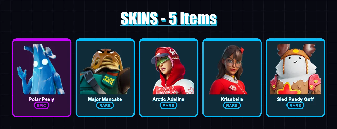 [PS4/PS5/PC] | Polar Peely | Major Mancake | Arctic Adeline | Krisabelle | Sled Ready Guff | 5 skin | 13 pickaxe | 13 emote | 15 glider | Lv148