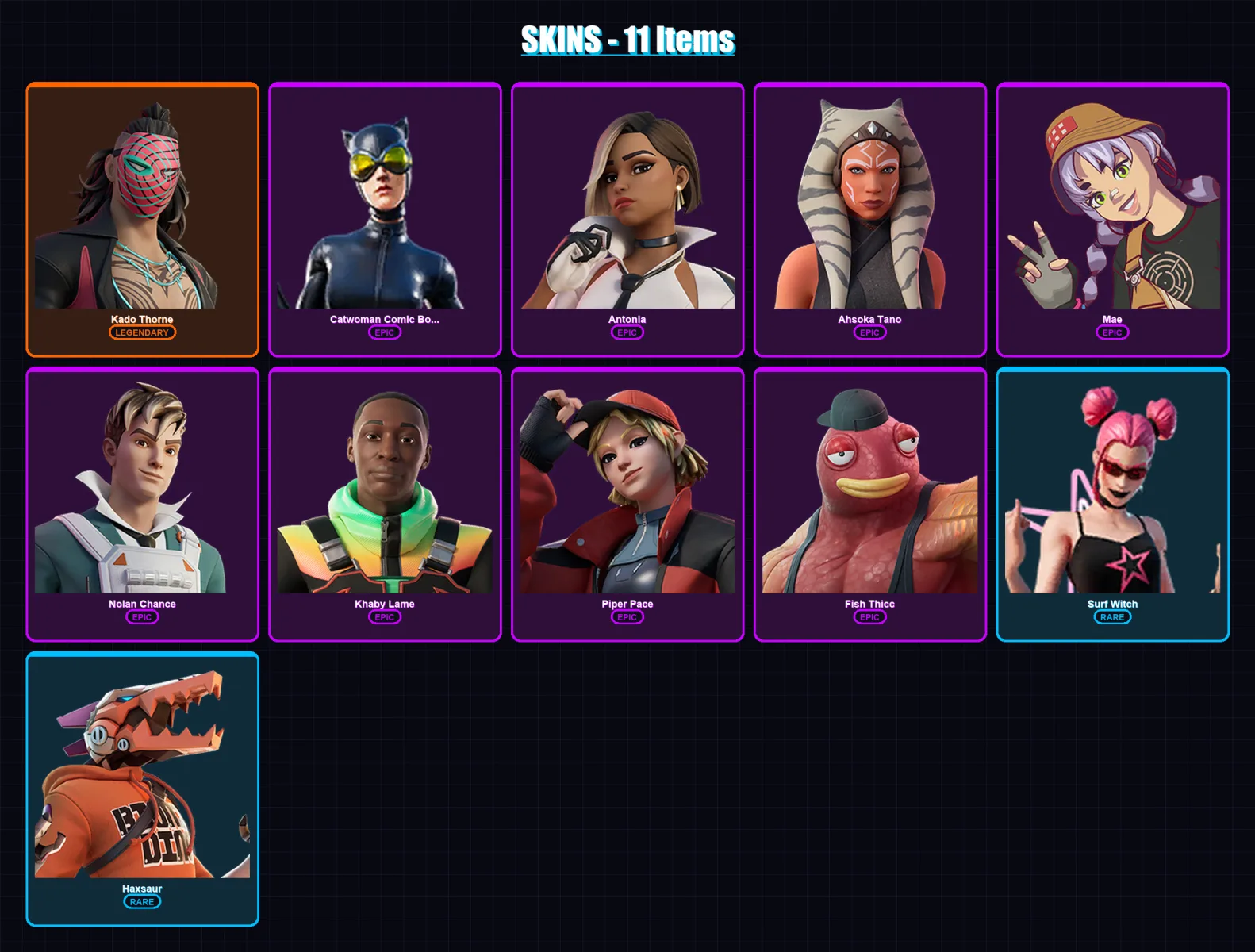 [PC/XBOX/PSN] | Kado Thorne | Catwoman Comic Book Outfit | Antonia | Ahsoka Tano | Mae | 11 skin | 10 pickaxe | 11 emote | 9 glider | Lv147