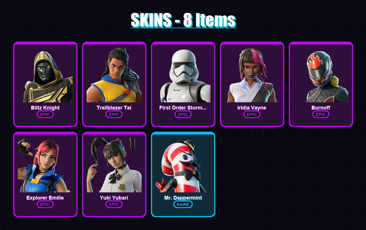 [PC/PSN] | Blitz Knight | Trailblazer Tai | First Order Stormtrooper | Iridia Vayne | Burnoff | 8 skin | 21 pickaxe | 10 emote | 13 glider | Lv490