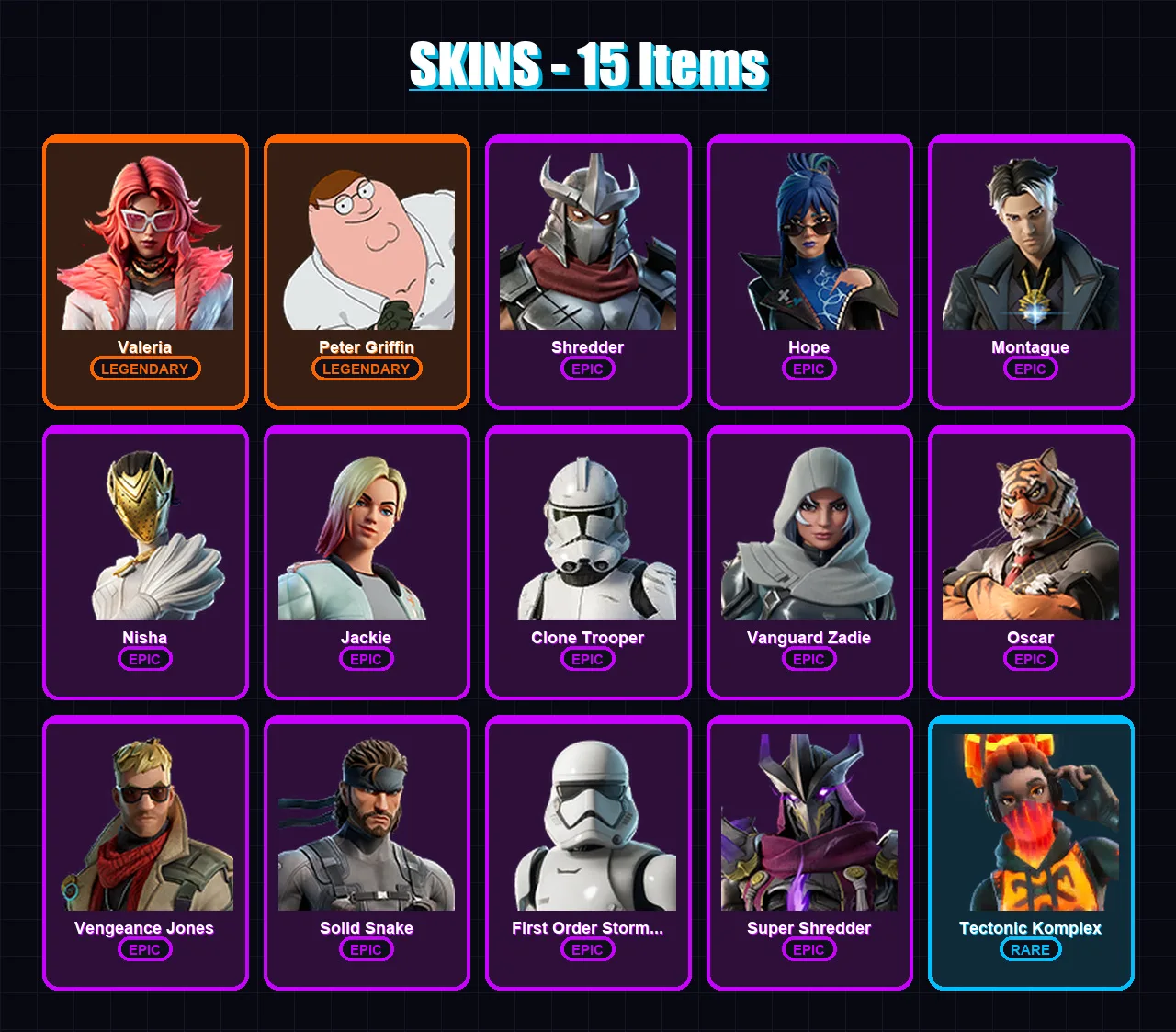 [PC/XBOX/PSN] | Valeria | Peter Griffin | Shredder | Hope | Montague | 15 skin | 44 pickaxe | 30 emote | 40 glider | Lv681