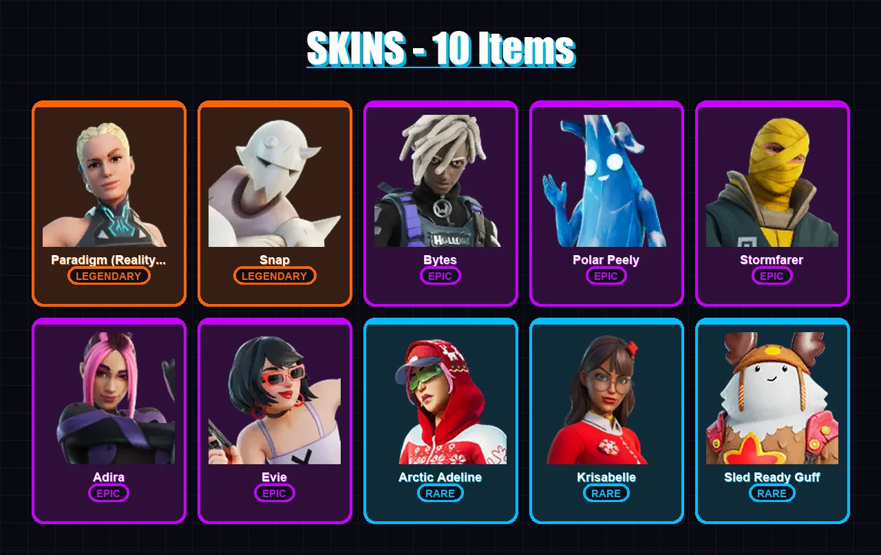 [PC/XBOX/PSN] | Paradigm (Reality-659) | Snap | Bytes | Polar Peely | Stormfarer | 10 skin | 23 pickaxe | 15 emote | 26 glider | Lv418 — Fortnite account
