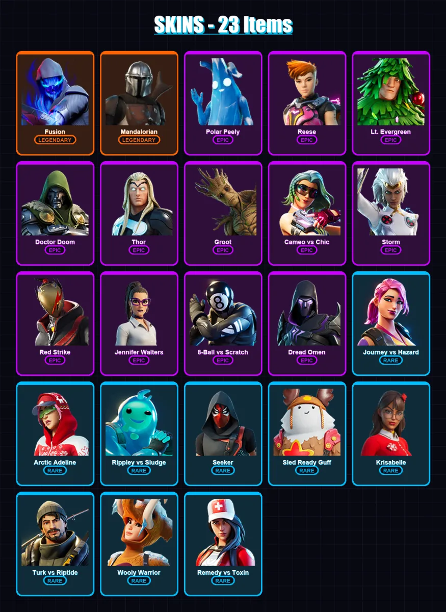 [PC/PSN] | Fusion | Mandalorian | Polar Peely | Reese | Lt. Evergreen | 23 skin | 30 pickaxe | 30 emote | 27 glider | Lv371